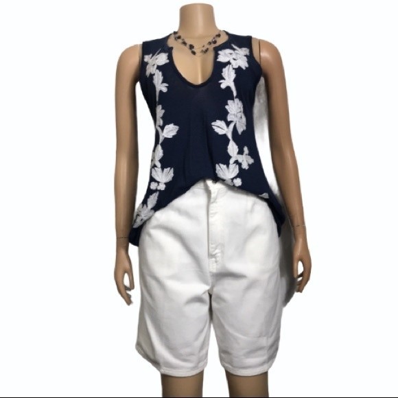 Lucky Brand Top Sleeveless linen Blend blue & white Floral Embroidered size XS - Picture 9 of 11